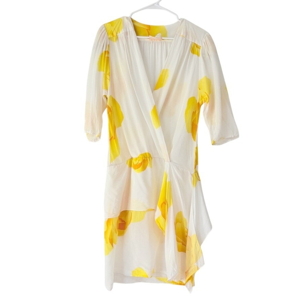 Vintage Nina Piccalino Yellow Floral Rose Asymmetrical Faux Wrap Dress Size 7/8‎